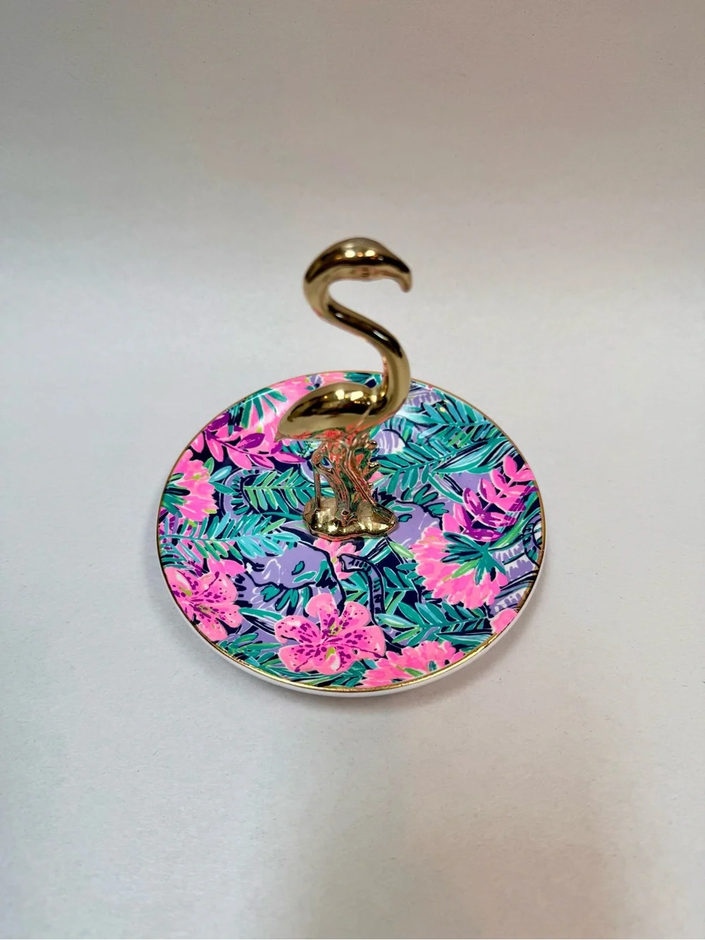 Lilly Pulitzer Flamingo Painted Palm Ring Holder Porcelain Round Dish Trinket